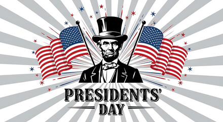 Presidents day illustration with abraham lincoln and american flags