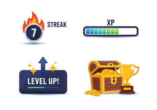 Gaming rewards and progress icons for achievement and success
