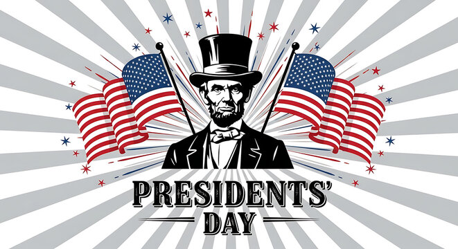 Presidents day illustration with abraham lincoln and american flags - Powered by Adobe