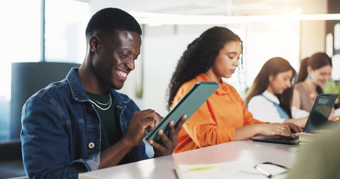 Classroom, college and people on tech for learning, studying and education at university. School, academy and students on tablet for research, website and internet for project, lesson and assignment - Powered by Adobe