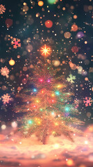 A snow-covered Christmas tree adorned with red ornaments and a star, set against a magical winter backdrop with falling snowflakes and bokeh lights.
