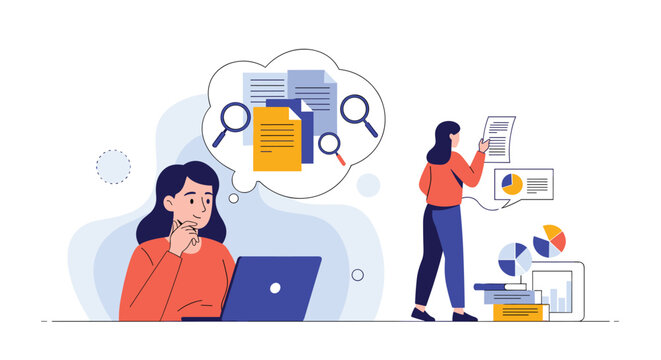 Two women collaborating on data analysis and research using technology.