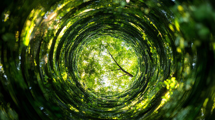 A fisheye view of a forest canopy, creating a tunnel-like effect with vibrant green foliage and dappled sunlight.
