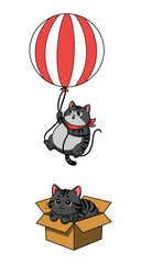 Cute cat flying high while holding a large striped balloon and another adorable cat sitting comfortably inside a cardboard box, showing playful, fun, and adventurous. Flat vector illustration
