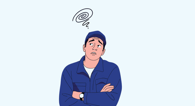 A confused man in work clothes with his arms crossed looks upwards at a swirl graphic indicating confusion.