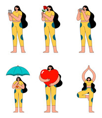 Set of six cute girl poses including taking photos, holding a rose, drinking, standing with an umbrella, hugging a big heart, and doing yoga, showing lifestyle, emotion, and daily activities. 