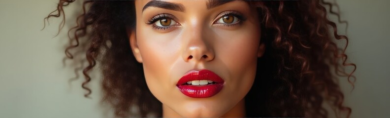 Fototapeta premium A stunning close-up portrait of a woman with curly hair and bold red lips, showcasing natural beauty and confidence.