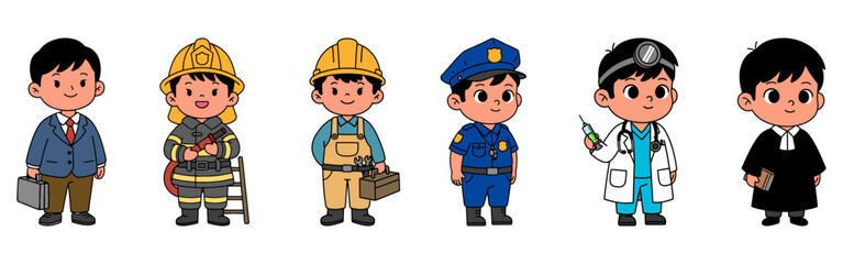 Set of six cute kids dressed as a businessman, firefighter, construction worker, police officer, doctor, and judge, showing different professions and career role-play fun. Flat vector illustration