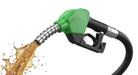 Close up shows fuel flowing from a green petrol pump nozzle in a dynamic splash, vibrant energy.