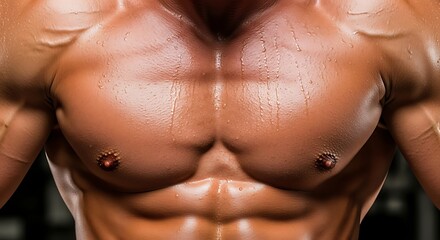 Close-up of Muscular Male Torso with Defined Chest and Abs, Sweating