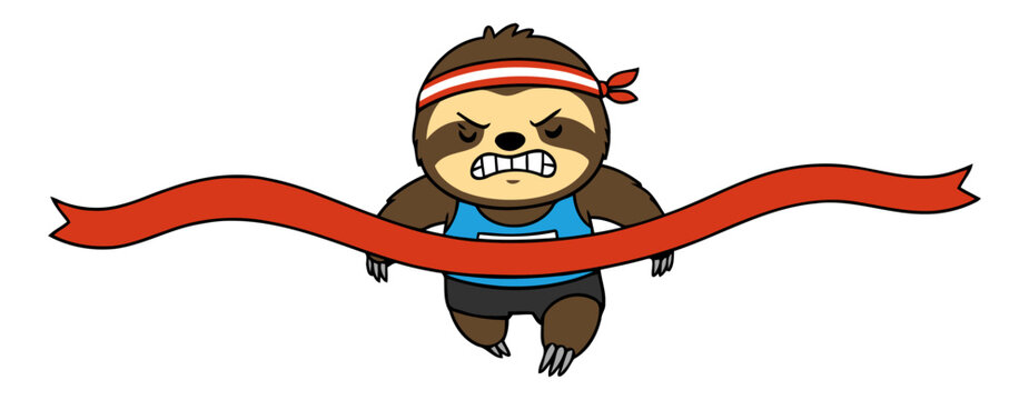 Angry determined sloth running in a marathon and breaking through the finish ribbon with full effort, showing strength, focus, and funny competitive energy. Flat vector illustration
