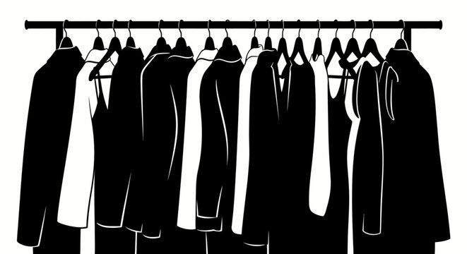 Black clothes rack, Silhouette of garments on hangers, Minimalist fashion display