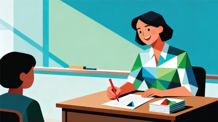 Illustration Of A Teacher Smiling While Correcting A Student's Assignment Vector Design Template