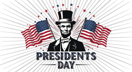 Presidents day illustration with abraham lincoln and american flags on white