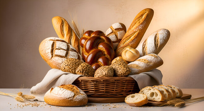 Assorted artisanal bread basket with baguettes and rolls