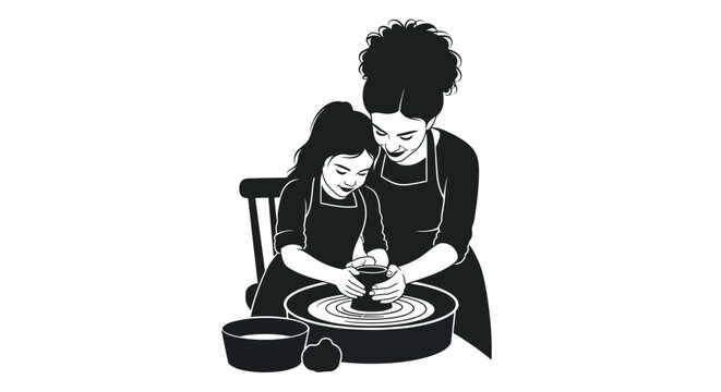 Mom and girl making clay pot, Black and white pottery class, Parent and child on pottery wheel - Powered by Adobe
