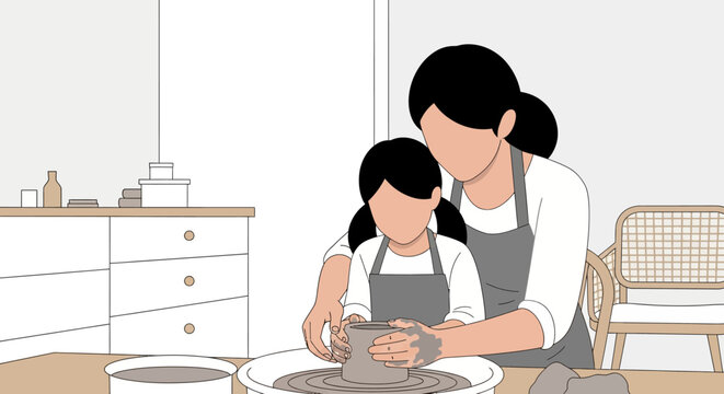 Woman and girl at pottery wheel, Minimalist ceramics class setting, Parent and child making clay