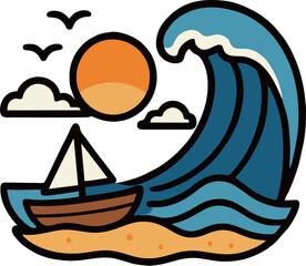 Sailboat and Big Wave Sunset Illustration