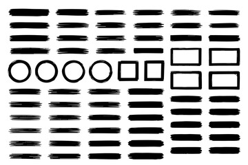 Hand-Drawn Ink Lines and Geometric Shapes Set &ndash; Brush Stroke Circles, Squares, Underlines, Minimalist Sketch Elements