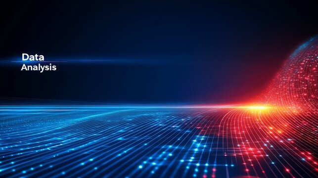 Abstract digital data flow with blue and red illuminated lines on dark background - Powered by Adobe