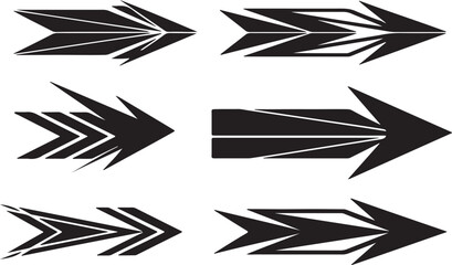 Collection of six stylized black graphic arrows with sharp geometric shapes pointing to the right isolated on white background.