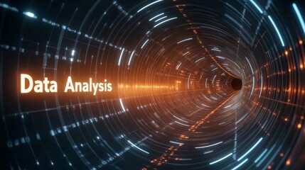 Glowing data analysis text inside a futuristic digital information tunnel illustration