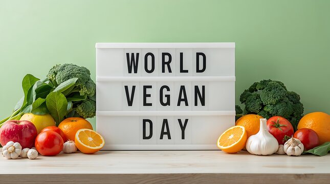 World Vegan Day lightbox sign surrounded by fresh colorful fruits and vegetables promoting healthy plant-based lifestyle - Powered by Adobe