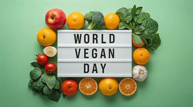 World Vegan Day lightbox centered inside a circular arrangement of fresh vibrant fruits and leafy vegetables