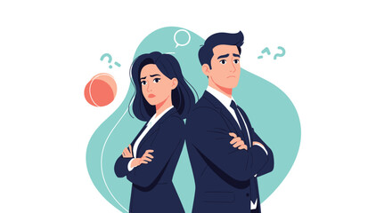 A man and woman in business suits stand back to back with their arms crossed, looking confused.