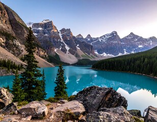A stunning landscape featuring turquoise waters embraced by majestic mountains with snow-capped peaks, and lush evergreen trees