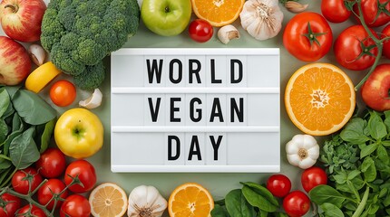 World Vegan Day lightbox surrounded by assorted colorful fruits and vegetables emphasizing fresh plant-based nutrition
