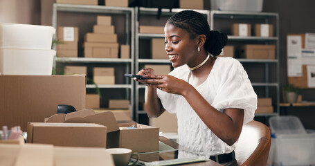 Picture, box and shipping with black woman in warehouse for delivery, social media and courier....
