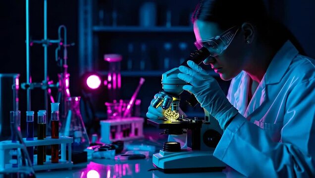 Scientist in laboratory analyzing sample with microscope in neon lighting