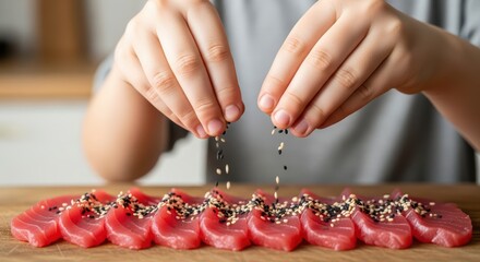 Hands sprinkling sesame seeds on fresh slices of tuna