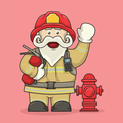 Cartoon firefighter in Santa costume waving beside a hydrant and holding an extinguisher, perfect for festive rescue themes