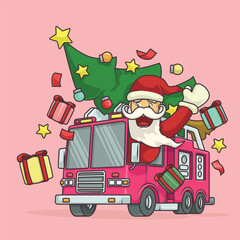 Cartoon Santa waving while driving a fire truck loaded with Christmas gifts and a tree, perfect for festive firefighter themes.
