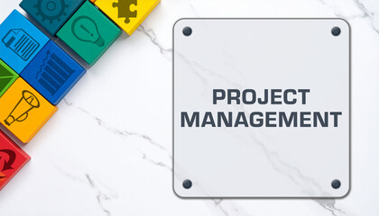 Project Management Business Symbols Colorful Cubes Marble Text 