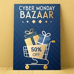 Cyber Monday Bazaar Poster Shopping Cart 50 OFF Cobalt Blue Vector