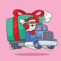 Santa's Festive Gift Delivery Truck. Santa cartoon driving a truck loaded with ribboned Christmas gifts, waving cheerfully in a festive trucker theme.