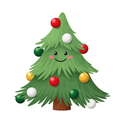 Fototapeta premium A cute, cartoon Christmas tree with a smiling face and colorful ornaments, ready for the holidays.