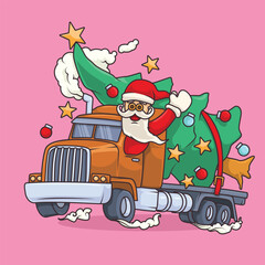 Santa cartoon driving a truck carrying a Christmas tree, waving cheerfully for festive trucker themes.