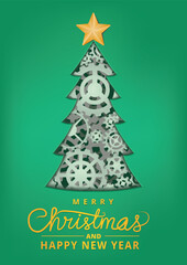 Abstract torn paper Christmas tree with gears inside, perfect for mechanical, engineering, and workshop holiday themes.