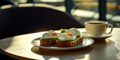 A modern breakfast setup with avocado toast, poached eggs, and a freshly brewed cup of coffee