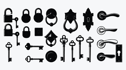 Collection of door hardware including keys locks and door knockers