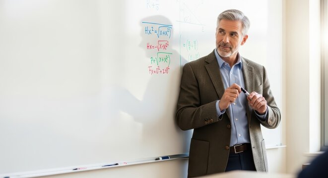 Caucasian mature male teacher explaining equations on whiteboard in classroom