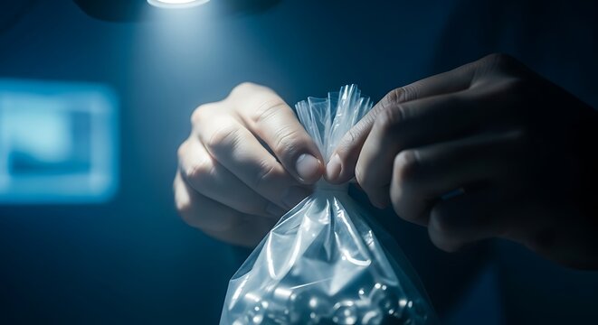 Hands tying a plastic bag filled with silver balls under bright light