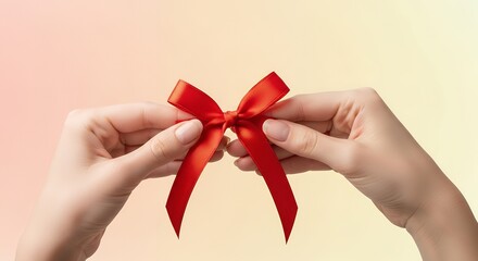 Hands holding red ribbon sharply focused, background gradient blur fade, emotional tone