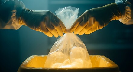 Close up of gloved hands holding a bag of evidence in a crime lab