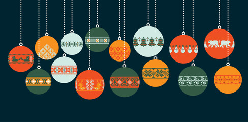 Nordic Christmas Tree Baubles and Ornaments. Happy Holidays and Seasons Greetings Card Design Elements