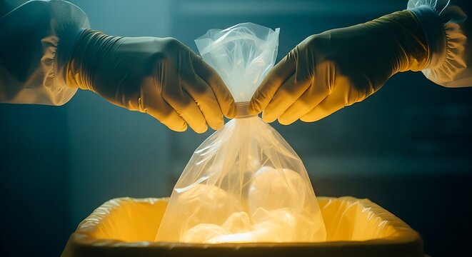 Close up of gloved hands holding a bag of evidence in a crime lab